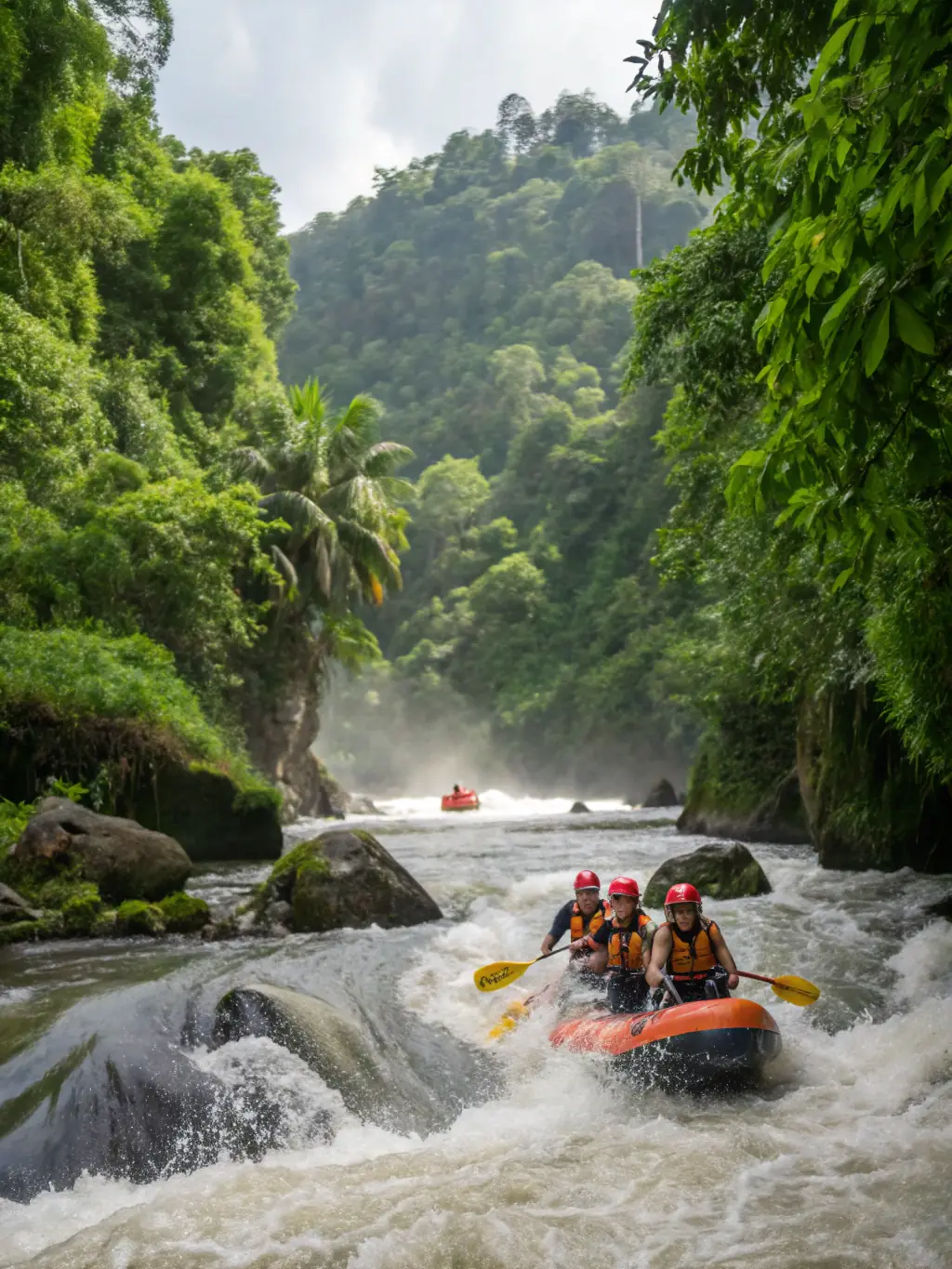 An adventurous image of white water rafting on the Ayung River, showing rafters navigating through the lush jungle scenery, emphasizing the thrill and natural beauty.